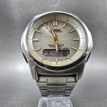 Casio Wave Ceptor Watch Men 42mm Champagne Dial Steel Solar Analog Digital Runsa5