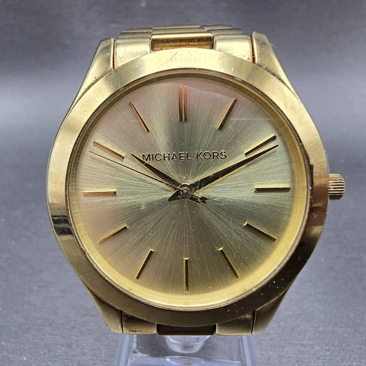 Michael Kors Runway Watch Women 42mm Champagne Dial Gold Tone MK-3179 New Batt W0
