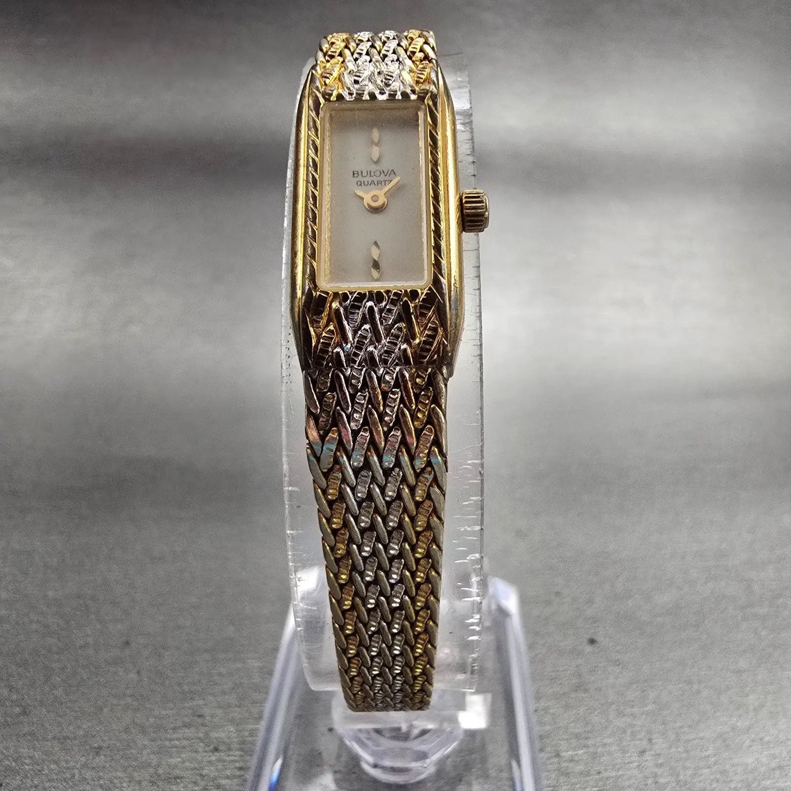 Bulova Watch Women 12mm White Dial Two Tone Rectangle Vintage 90T00 New Battery5