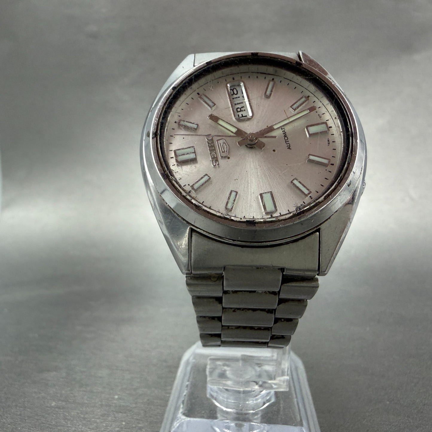 Seiko 5 Automatic Watch Men 37mm Silver Dial Silver Tone Daydate 7S26-3040 PARTS6