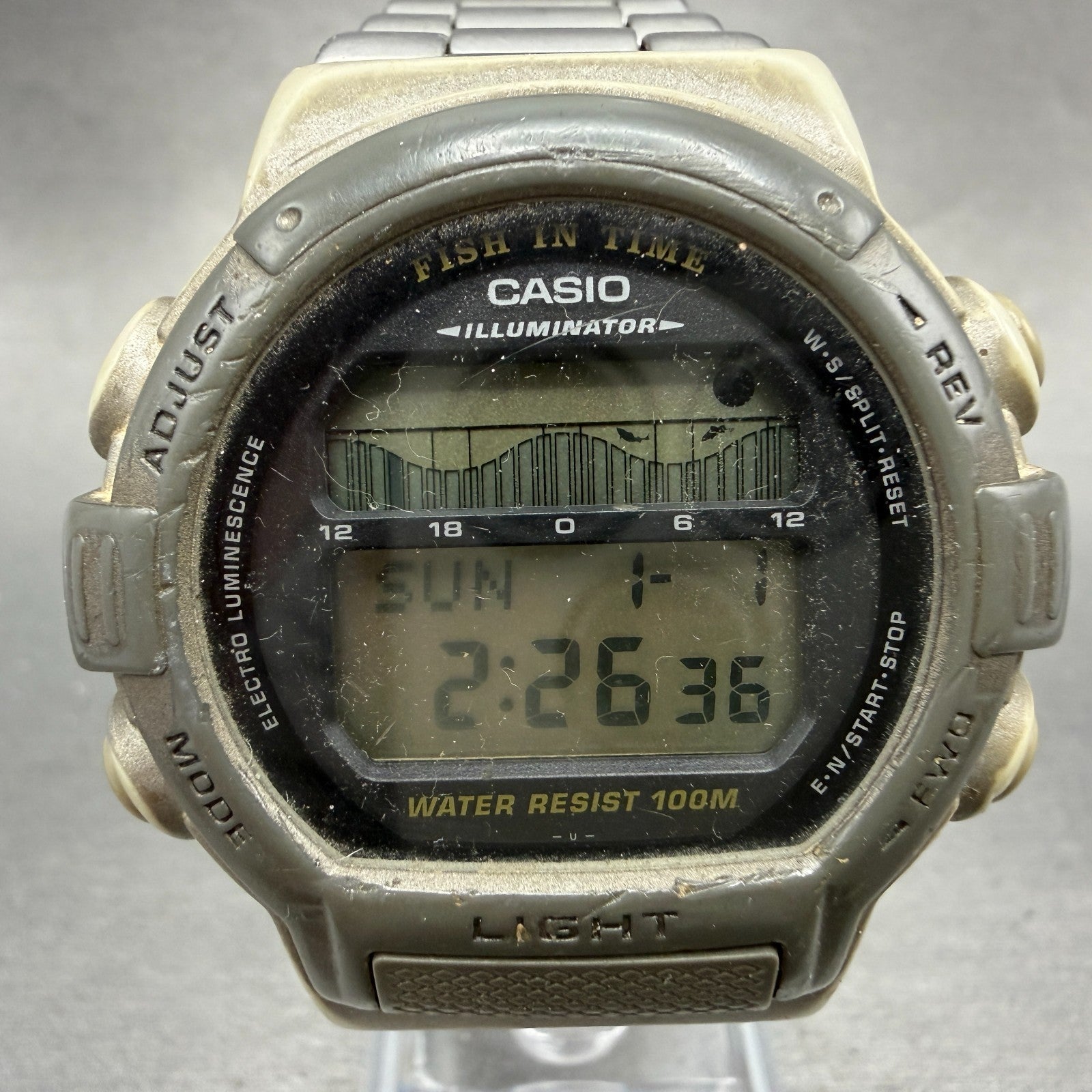 Casio Fishin Time Watch Men 44mm brown Gray Alarm Chrono FT-2000 READ!!!! NewBat0