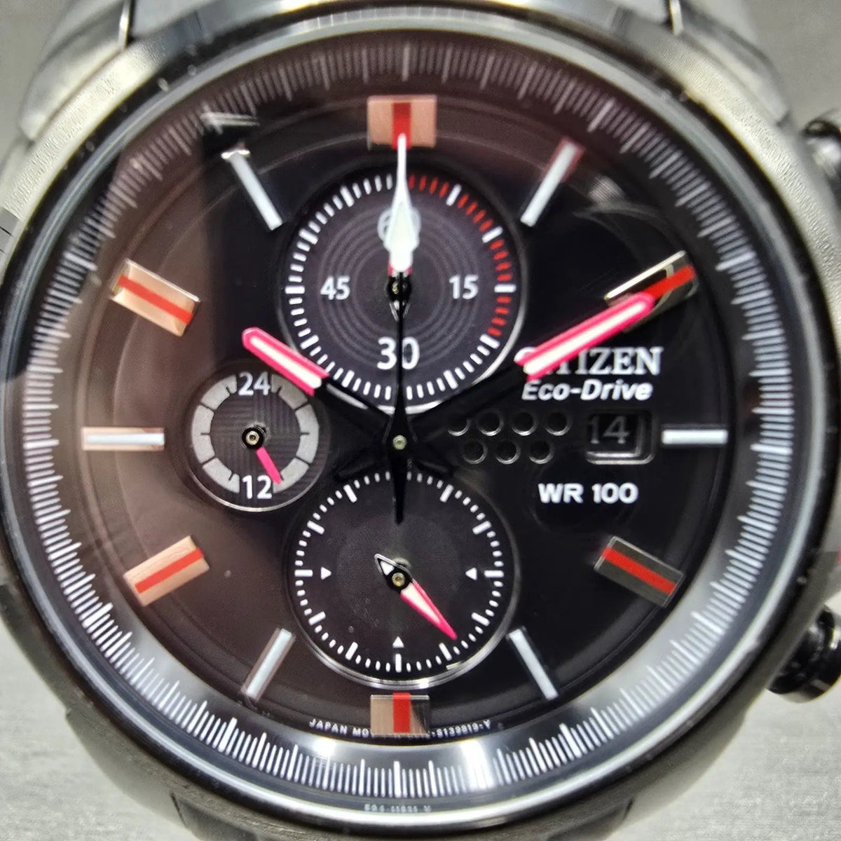 Citizen Eco-Drive Chronograph Watch Men 43mm Black Dial Black Red CA0425-03E1