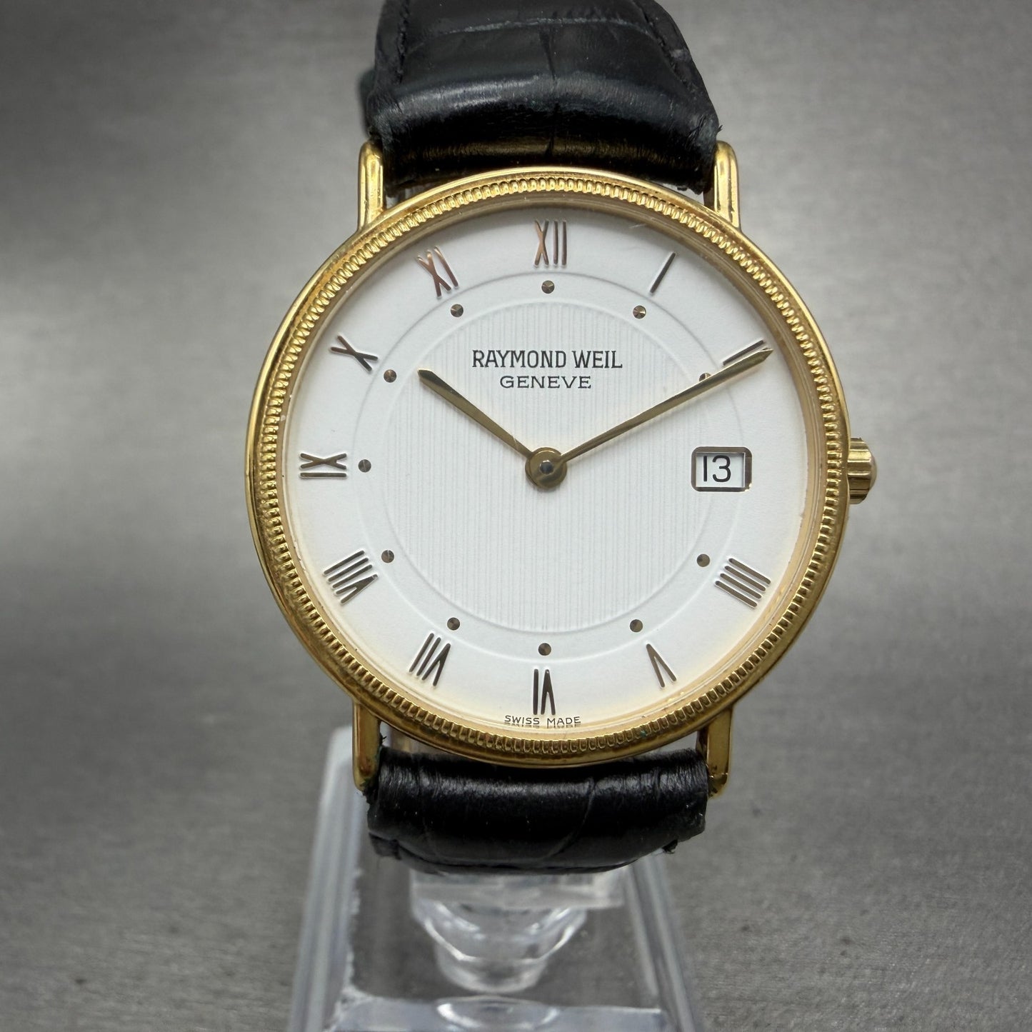 Raymond Weil Watch Men 32mm White Dial Gold Plated Date Round 5514-1 New Battery0