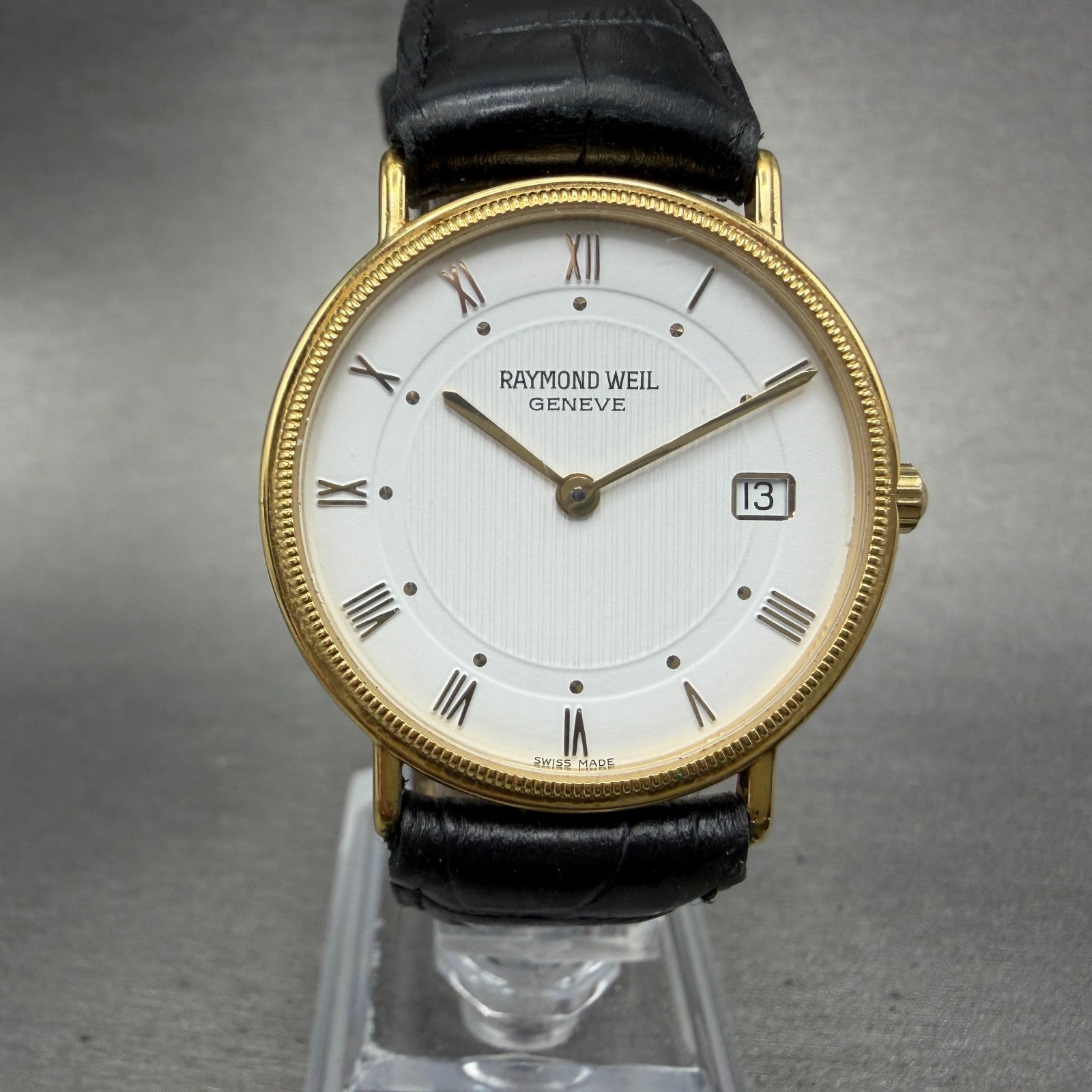 Raymond Weil Watch Men 32mm White Dial Gold Plated Date Round 5514-1 New Battery0