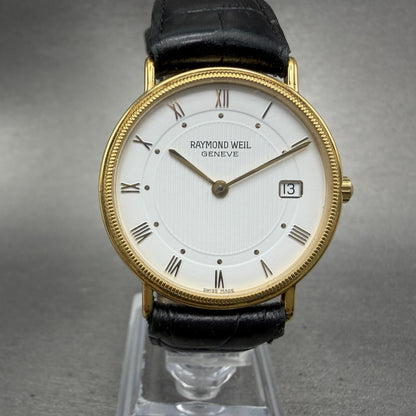 Raymond Weil Watch Men 32mm White Dial Gold Plated Date Round 5514-1 New Battery0
