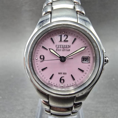 Citizen Eco-Drive Watch Women 26mm Pink Dial Silver Tone Date E011-S039941 RunsT0