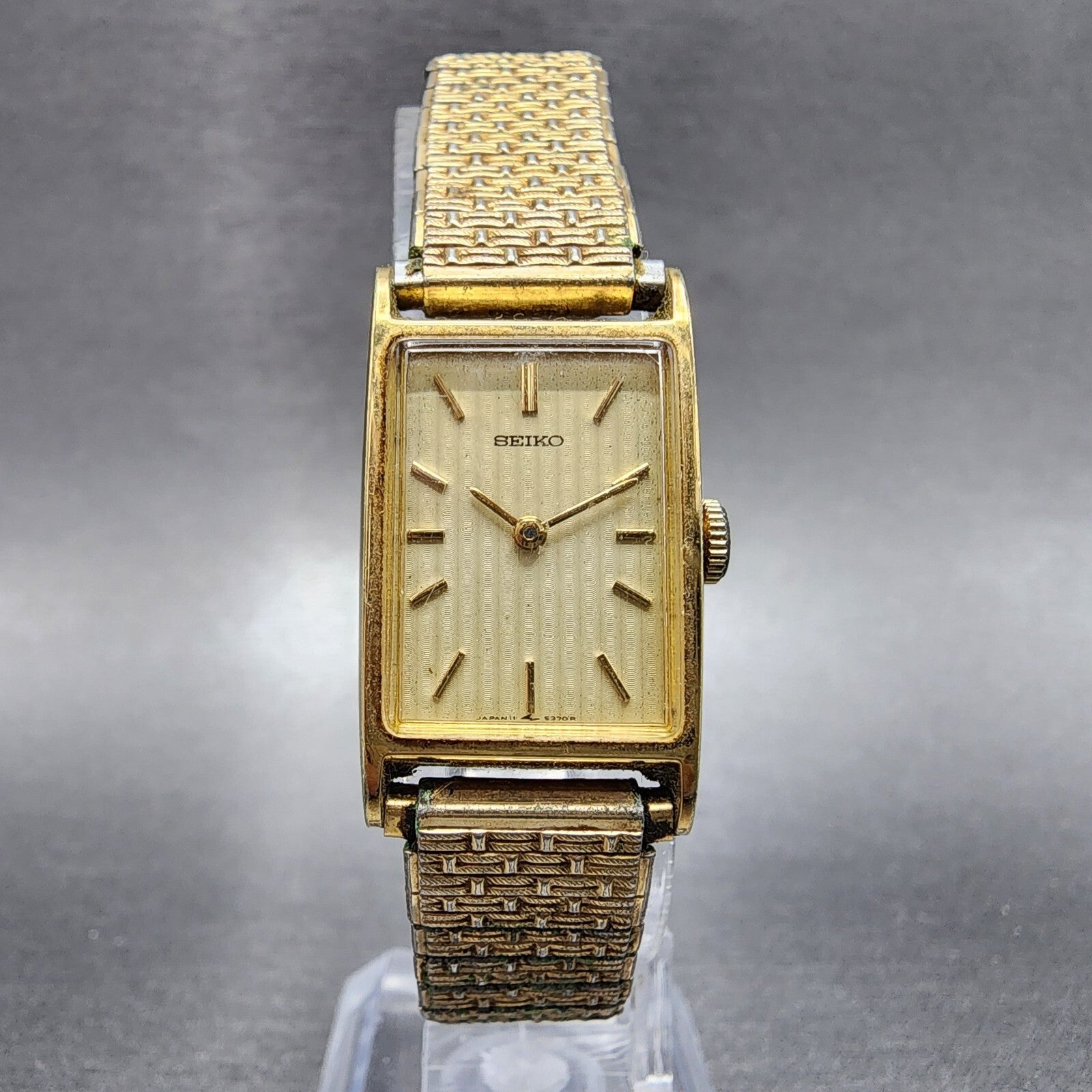 VTG Seiko Tank Watch Women 17mm Champagne dial Gold Tone Rectangle Manual Wind5