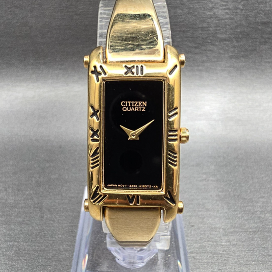 Citizen Watch Women 17mm Black Dial Gold Rectangle Bangle 3220-S37731 New Batt0