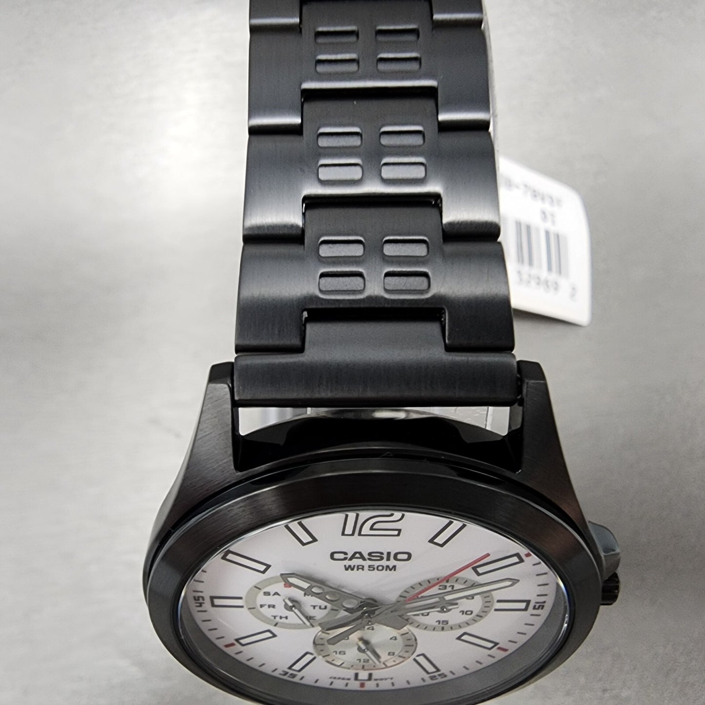 Casio MTP-E350 Watch Men 39mm White Dial Black Steel Daydate Metal Bracelet