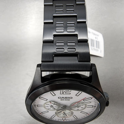 Casio MTP-E350 Watch Men 39mm White Dial Black Steel Daydate Metal Bracelet