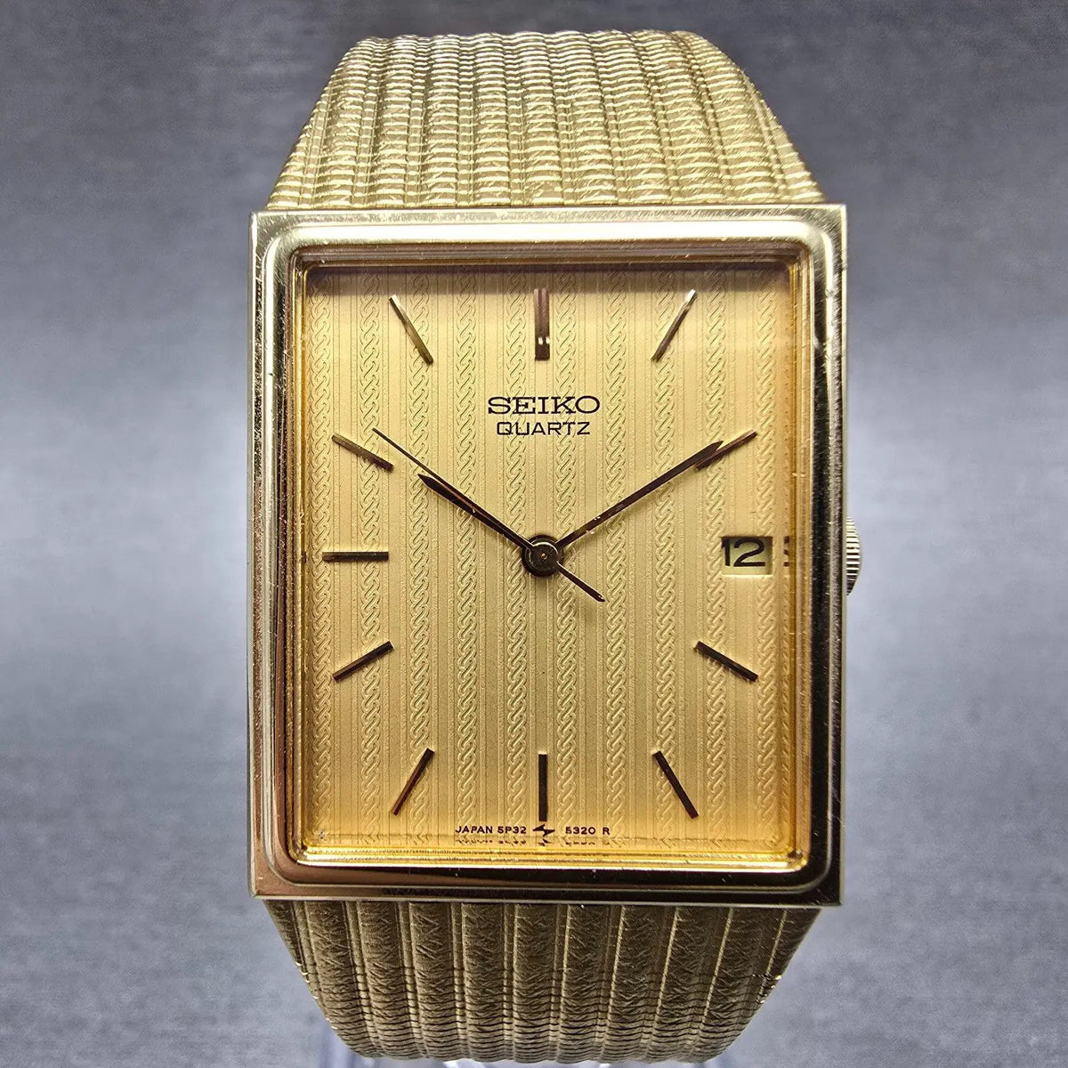 Seiko Tank Watch Men 24mm Gold Dial Gold Tone Date 5P32-5239 PARTS Vintage0
