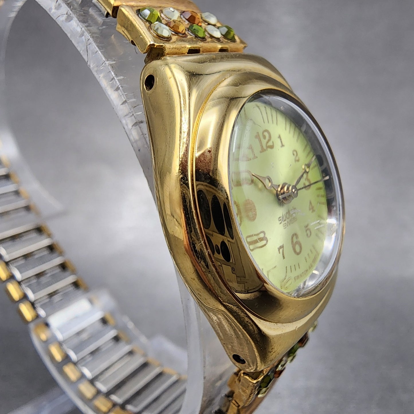 Swatch Irony FLORA Watch Women 25mm Champagne Dial Roes Gold Tone Round New Batt3