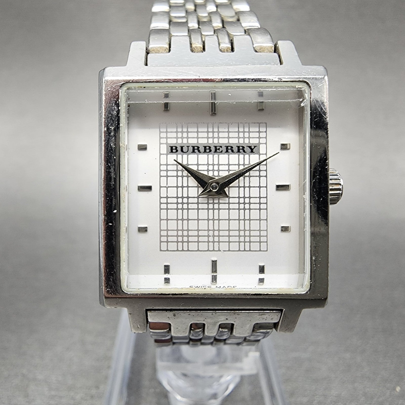 Burberry The City Tank Watch Women 24mm White Dial Steel Rectangle New Battery0