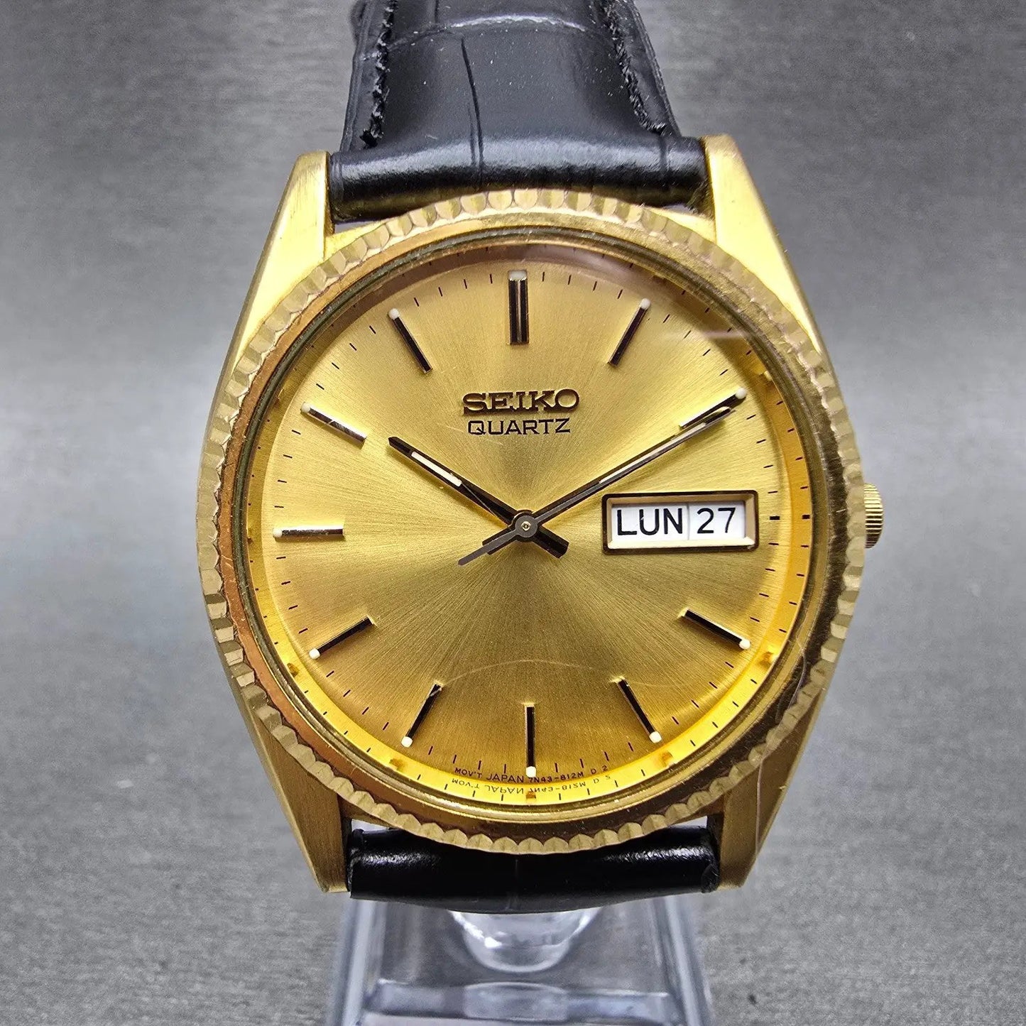 Seiko President Watch Men 35mm Gold Dial Gold Tone Daydate 7N43-8111 New Battery0