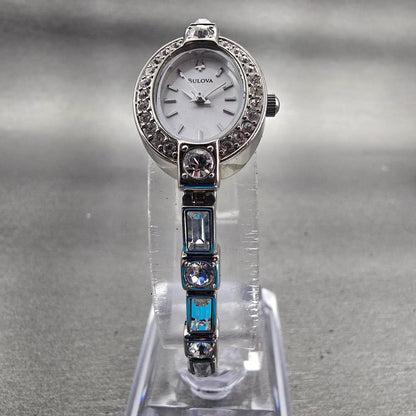 Bulova Watch Women 17mm Silver Dial Silver Tone Gemmed Oval 96T49 New Battery5