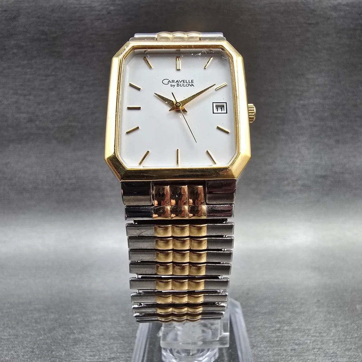 Bulova Caravelle Watch Men 26mm White Dial Two Tone Date Rectangle 40B51 New Bat5