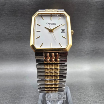 Bulova Caravelle Watch Men 26mm White Dial Two Tone Date Rectangle 40B51 New Bat5