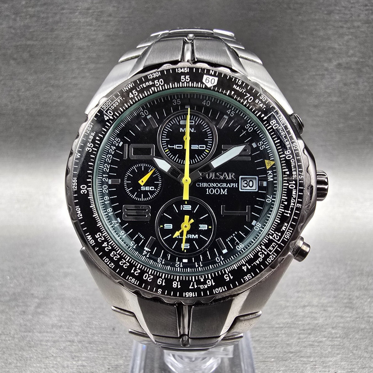 Pulsar Chronograph Watch Men 43mm Black Dial Silver Date 7T62-X041 READ!!!!!!0