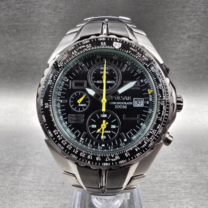 Pulsar Chronograph Watch Men 43mm Black Dial Silver Date 7T62-X041 READ!!!!!!0
