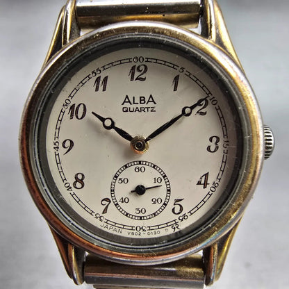 Seiko Alba Watch Women 23mm Ivory Dial Gold Tone Round V802-0020 New Battery VTG1