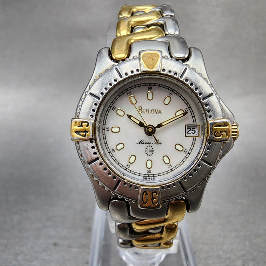 Bulova Marine Star Dive Watch Women 25mm MOP Dial Two Tone Date Round New batt0