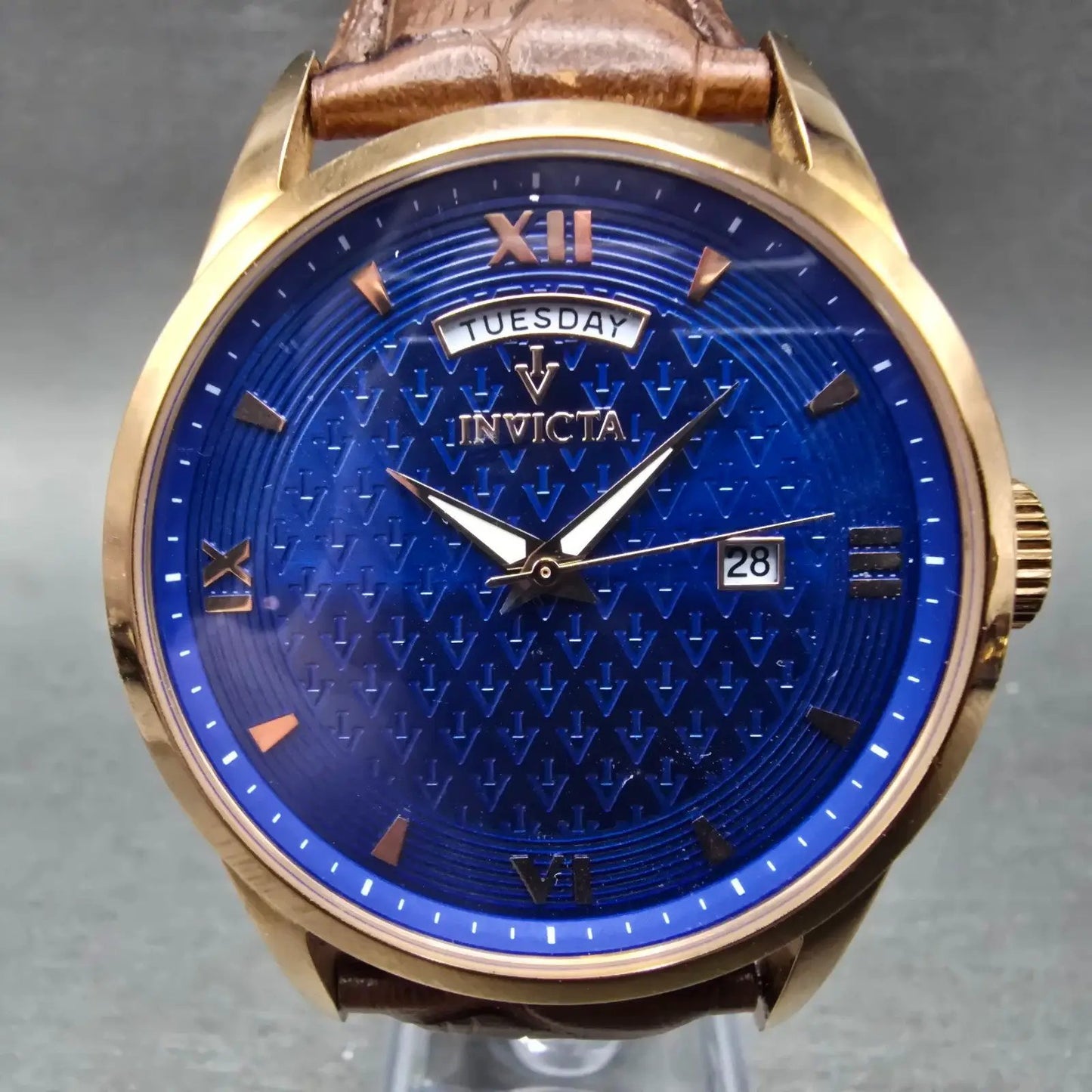 Invicta Watch Men 45mm Blue Dial Rose Gold Tone Daydate 12246 New Battery0
