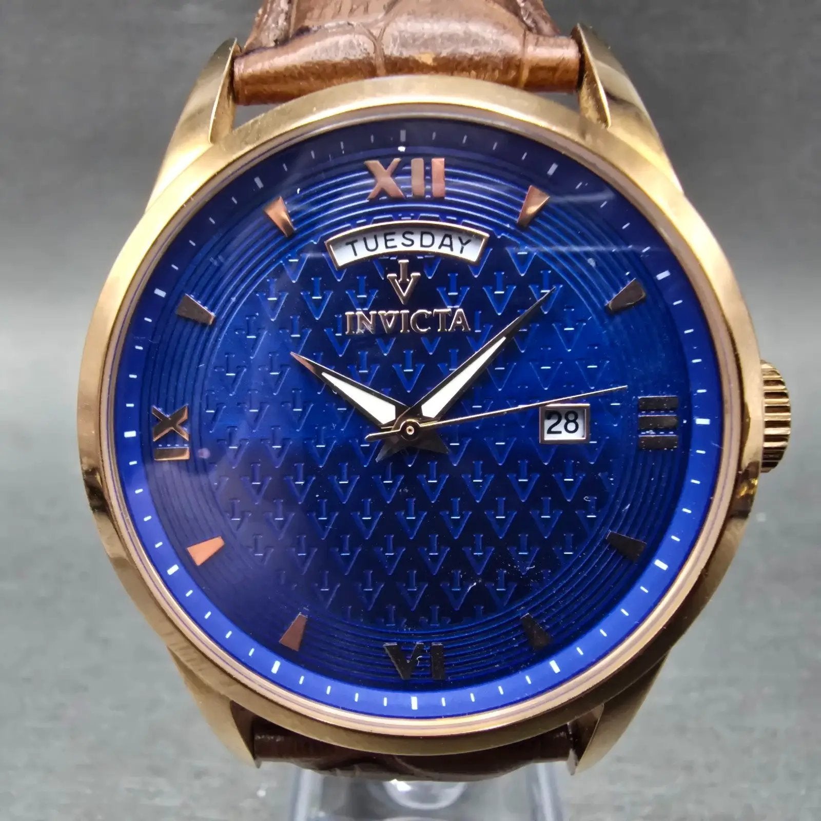 Invicta Watch Men 45mm Blue Dial Rose Gold Tone Daydate 12246 New Battery0