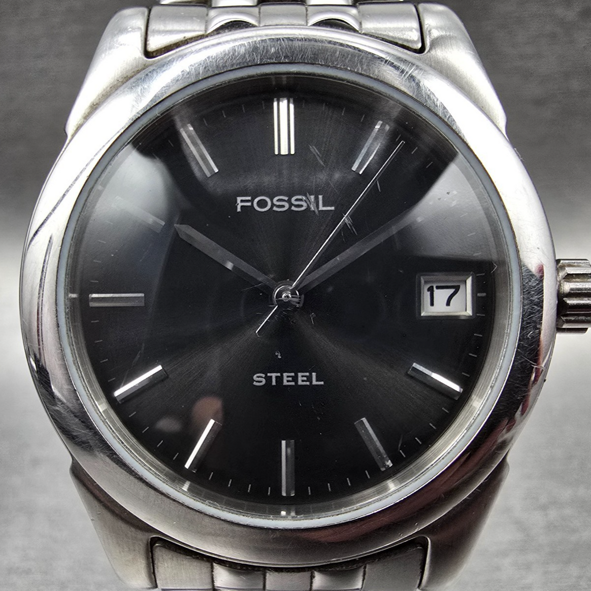 Fossil Steel Watch Men 34mm Gray Dial Silver Tone Date Round FS-2642 New Batt JP1