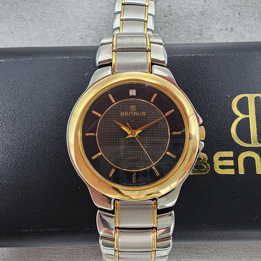 Benrus Watch Men 33mm Black Dial Two Tone Round NOS W/Box 109.579.2 PARTS