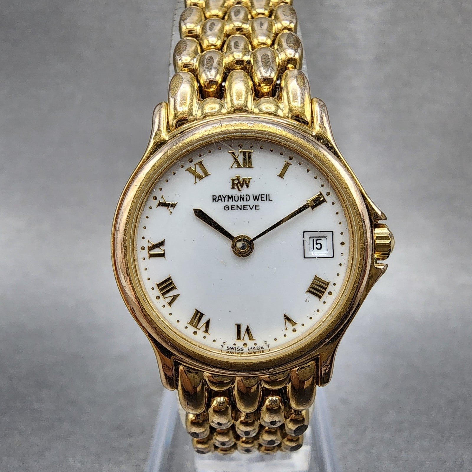Raymond Weil Watch Women 24mm White Dial Gold Tone Date Round 5368 New Battery0