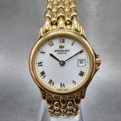 Raymond Weil Watch Women 24mm White Dial Gold Tone Date Round 5368 New Battery0