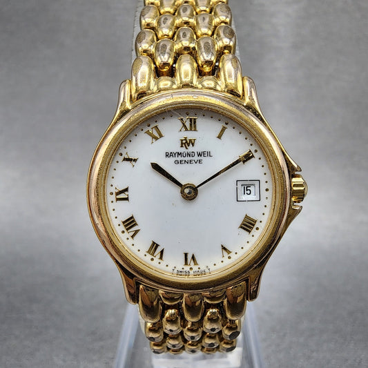 Raymond Weil Watch Women 24mm White Dial Gold Tone Date Round 5368 New Battery0