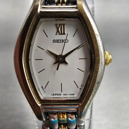 Seiko Watch Women 17mm White Dial Two Tone Oval 1N01-5C29 New Battery Vintage1
