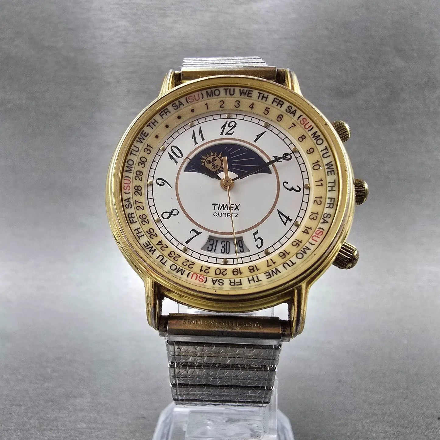 Timex Sun&Moon Watch Men 37mm White Dial Gold Tone Daydate Round New Battery VTG5