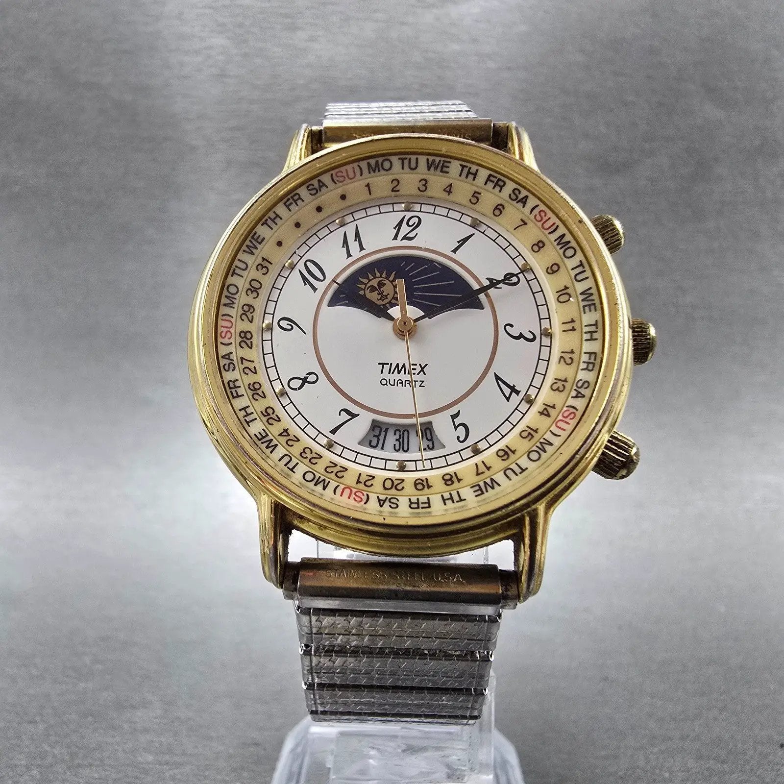 Timex Sun&Moon Watch Men 37mm White Dial Gold Tone Daydate Round New Battery VTG5