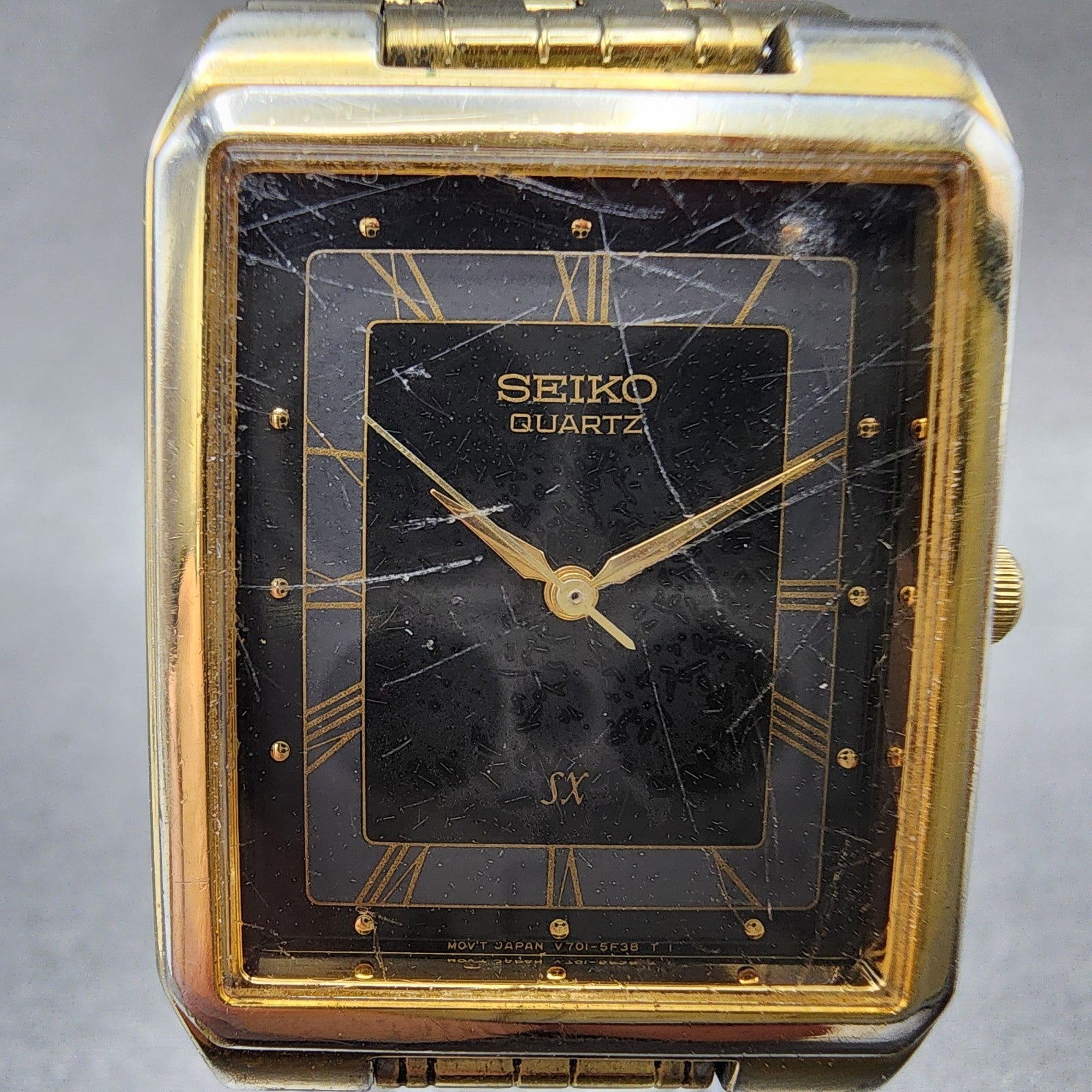 Seiko SX Tank Watch Men 27mm Black Dial Gold Tone V701-5G20 New Battery1