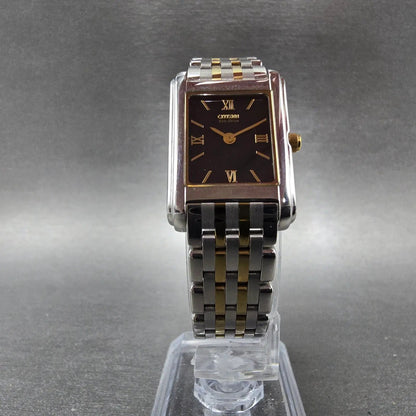 Citizen Eco-Drive Stiletto Tank Watch Women 19mm Black Dial Two Tone Works JP 565