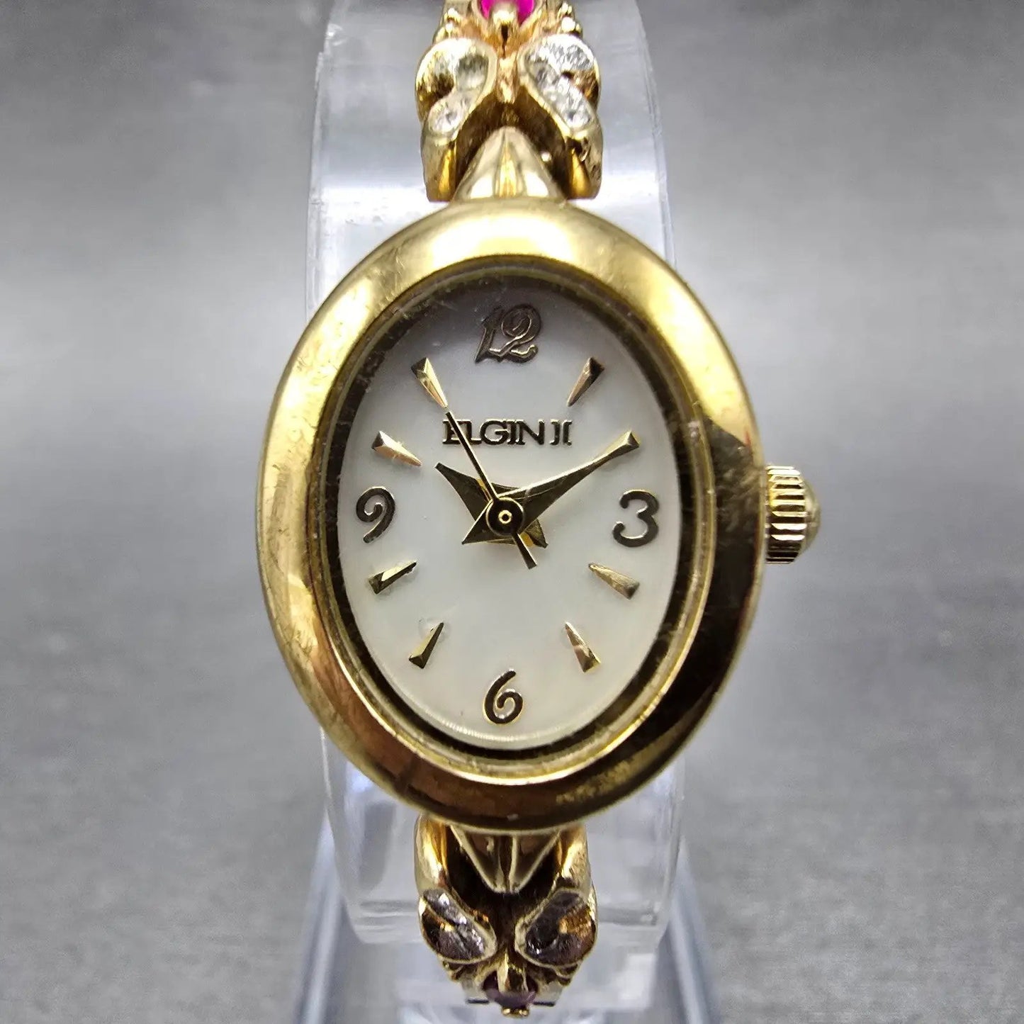 Elgin Watch Women 18mm MOP Dial Gold Tone Oval ELL02 New Battery Crytstals0