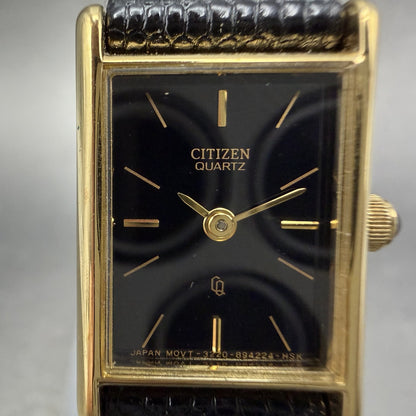 Citizen CQ Tank Watch Women 16mm Black Dial Gold Tone 3220-945174 New Battery KL1