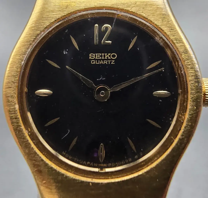 Seiko Watch Women 20mm Black Dial Gold Tone Round 1N00-0C19 New Battery Vintage1
