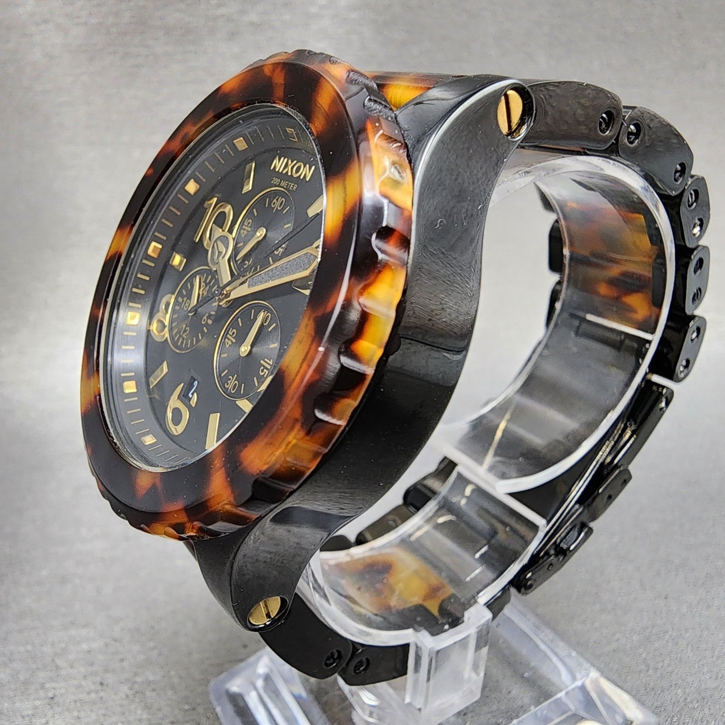 Nixon 4220 Chrono Watch Women 42mm Black Dial Black Tortoise Date New Battery3