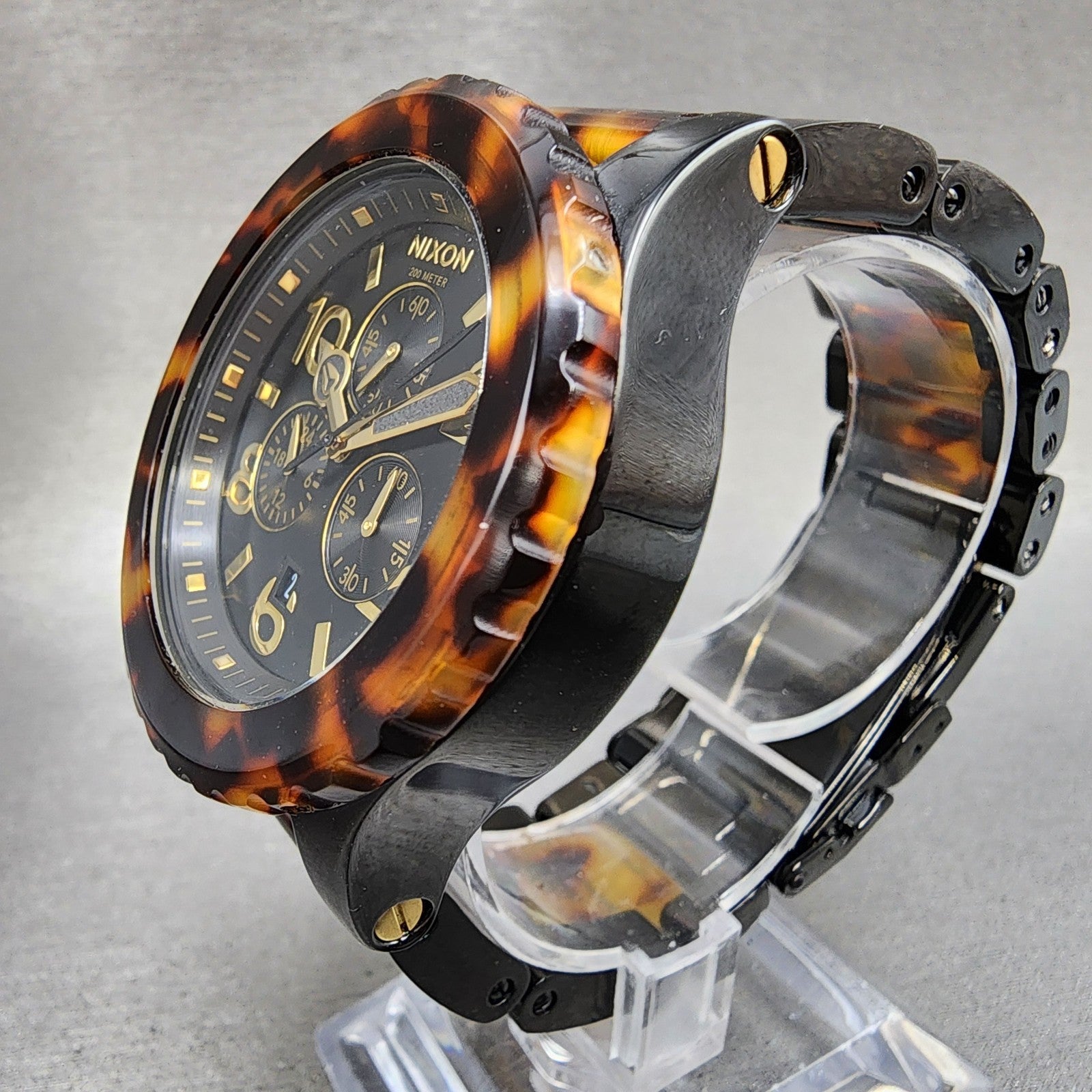 Nixon 4220 Chrono Watch Women 42mm Black Dial Black Tortoise Date New Battery3