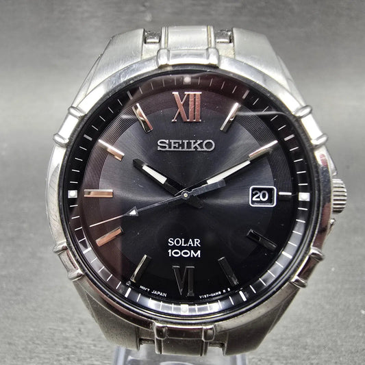 Seiko Solar Watch Men 38mm Black Dial Silver Tone Date Round V157-0AM0 Works L0