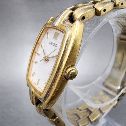 VTG Seiko Watch Women 20mm White Dial Gold Tone Rectangle 4N015100 New Battery2