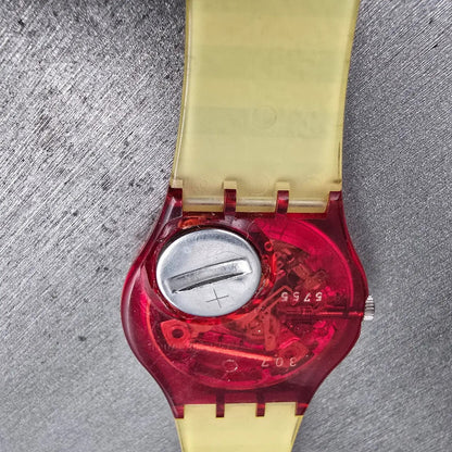 Swatch Fritto Misto Watch Men 34mm Black Dial Red Case Round GR114 New Battery14