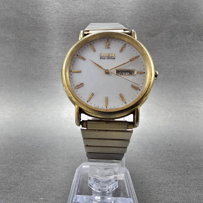 Citizen Eco-Drive Watch Men 36mm White Dial Gold Tone Daydate E101-S015588 Runs5