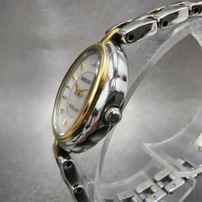 Seiko Solar Watch Women 19mm Gray Dial Two Tone Oval V1100AG0 Runs Bracelet2