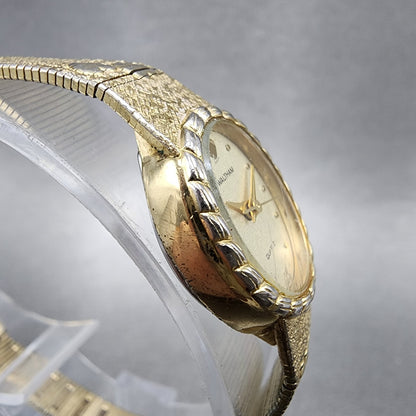 Waltham Watch Women 18mm Champagne Dial Gold Tone Oval 6L32 New Battery Hearts3