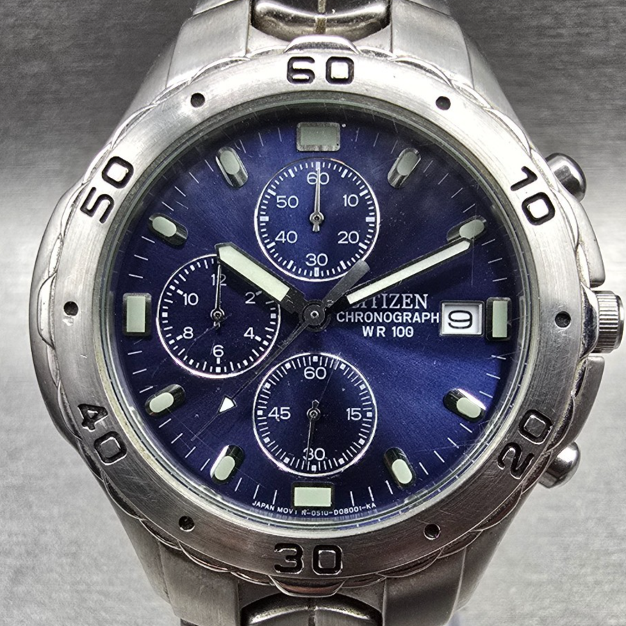 Citizen Chronograph Watch Men 42mm Blue Dial Silver 0510-S92294 New Battery JP1
