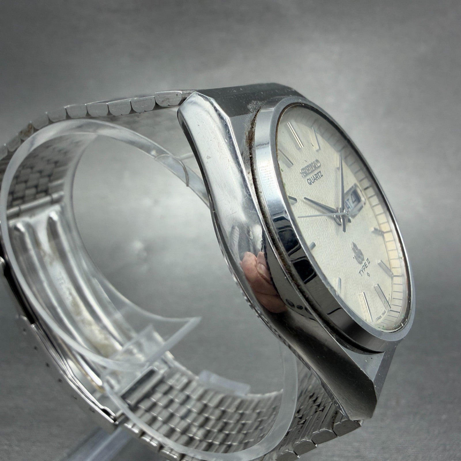 Seiko Type II Watch Men 36mm Silver Dial Silver Tone Daydate 7546-7000 New Batt3